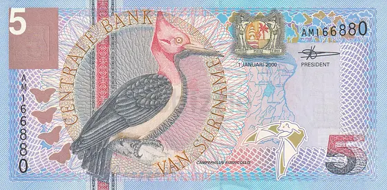 SURINAME 5 GULDEN BANKNOTE 2000