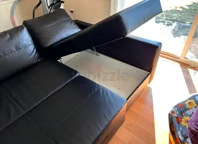 Stylish Black Leather Sofa with Storage