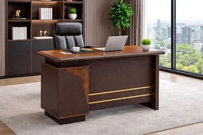 Modern Wooden Office Desk – Golden Oak Brown Designer Desk with Premium Storage  Golden Accents