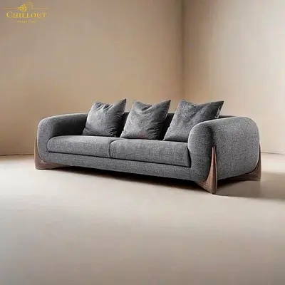 Stylish Grey Sofa with Wooden Accents