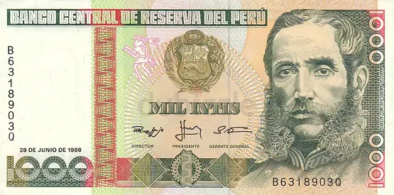 PERU 1000 INTIS BANKNOTE 1988