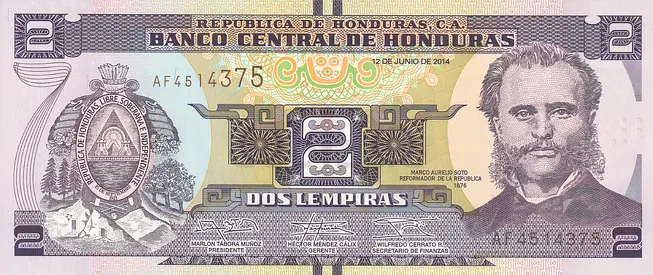 HONDURAS 2 LEMPIRAS BANKNOTE 2014