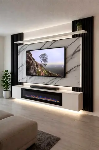 Modern Marble Entertainment Center with Fireplace
