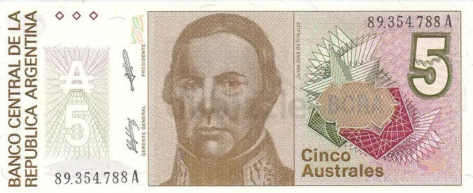 ARGENTINA 5 AUSTRALES BANKNOTE 1989