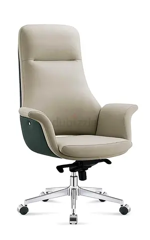 Luxury Deep Blue  Beige Lounge Chair – Beige Leather Look with High Back  Polished Metal Base