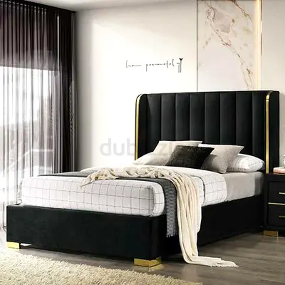 Luxury Double Size Black Velvet Bed with Gold Trim