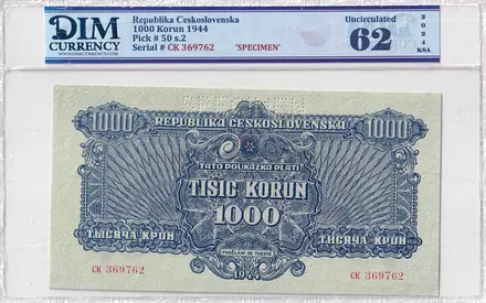 Ceskoslovenska Banknote 1000 Korun 1944 DIM 300 AED