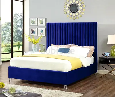 New Stylish Blue Velvet Queen Bed with Tall Headboard