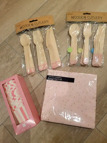 Brand New - Sealed pink Wooden Cutlery, Napkins Set, Muffin paper cup