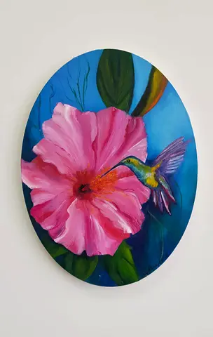 Vibrant Hummingbird and Flower oil Painting