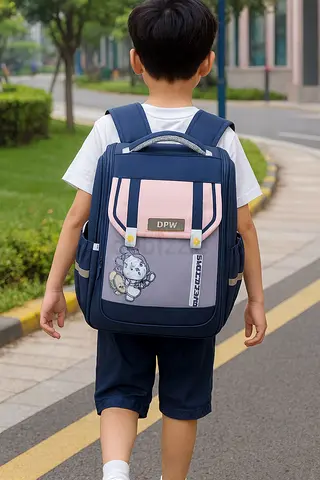 Kids School Backpack, Navy Blue and Brown, Astronaut Bear Design, Spacious Student Bag