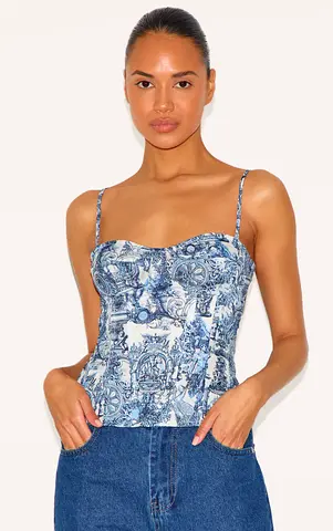 BLUE RENAISSANCE PRINT STRUCTURED CORSET TOP