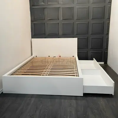 IKEA malam queen‑size bed (160 × 200 cm) with 2 storage drawers underneath and an IKEA mattress