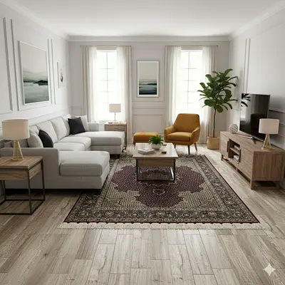 Elegant Living Room Set with Traditional  Persian Mahi Tabriz rug