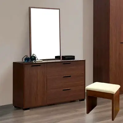 Stylish Wooden Dresser with Mirror and Stool