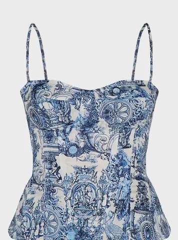 BLUE RENAISSANCE PRINT STRUCTURED CORSET TOP