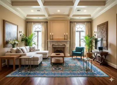 Elegant Living Room Setting with Modern Rug , handwoven mumluk rug