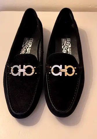 Authentic Salvatore Ferragamo suede loafers w/ the classic Gancini buckle, luxury moccasins like new