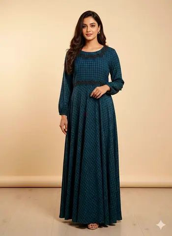 Elegant Long Sleeve Maxi Dress in Teal with Checkered Design