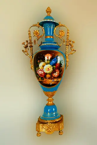 19th-Century Baroque Floral Courtship Vase – Hand-Painted Porcelain with Bronze Detailing