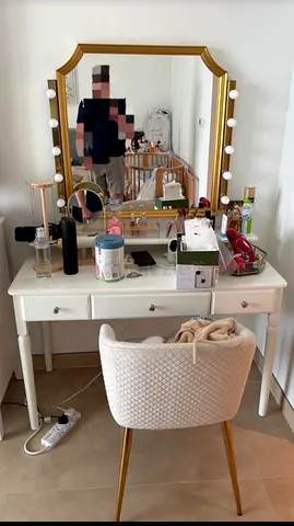 Elegant White Makeup Vanity with Mirror and Chair
