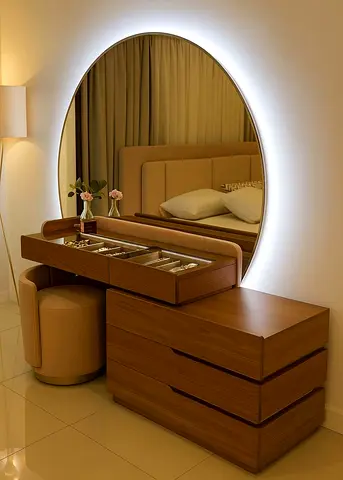 Customize Sleek Wooden Vanity with Circular Mirror