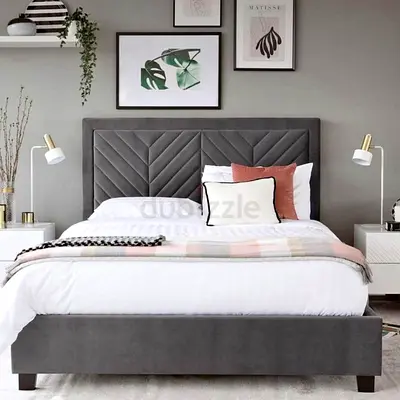 New Elegant Grey Queen Bed Frame with Chevron Headboard - Hydraulic Storage available on demand