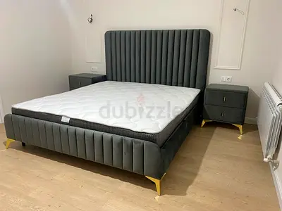 Elegant Grey Velvet Bed Frame with Nightstands