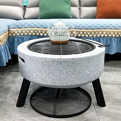 MGO Round Light Grey - Fire Pit Outdoor – Wood and Charcoal Grill - Barbecue Grill Outdoor Cooking
