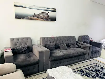 grey velvet tufted sofa 3-Seater + 2-Seater Loveseat(classic 3-piece set), ideal for living rooms.