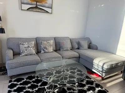 For Sale: L-Shaped Sofa with Glass Coffee Table @ AED 1,000