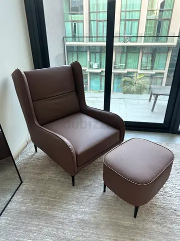 Brown Modern Wingback Armchair with Ottoman