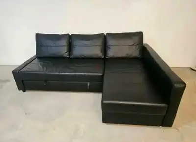 Ikea L-Shaped Black Leather Sofa with Storage