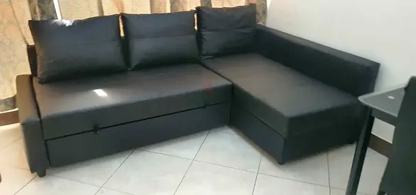 Modern Black Leather Sofa Bed with Storage