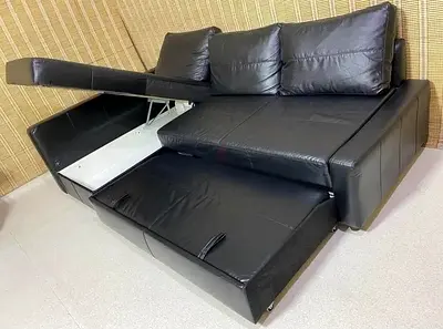 Stylish Black Leather Sofa Bed with Storage