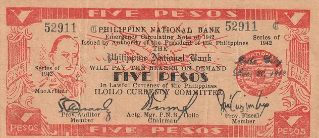 PHILIPPINES 5 PESOS (ILOILO) EMERGENCY BANKNOTE 1942
