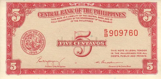 PHILIPPINES 5 CENTAVOS BANKNOTE 1949