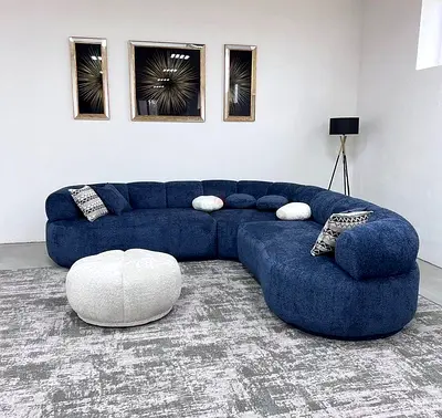 Stylish Blue Sectional Sofa with Ottoman
