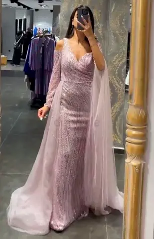 Elegant Pink Evening Gown with Cape