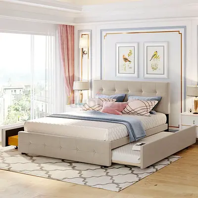 Queen Size Bed Frame Upholstered Platform Bed w/ Pull Out Trundle  2 Drawer