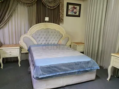 New Elegant White bed with makeup unit, mirror, and 2 side tables