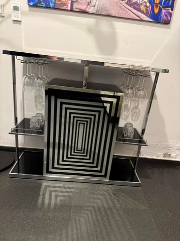 Stylish Modern Bar Cabinet with Glass Holders with 2 chair and ground light and 2 frame paintings