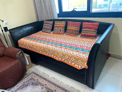 Sofa cum bed, two seater leather sofa and a single seater wooden chair