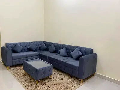 Elegant Grey Velvet Sectional Sofa with Coffee Table