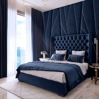 Brand New Elegant Navy Blue Bed with Stylish Headboard