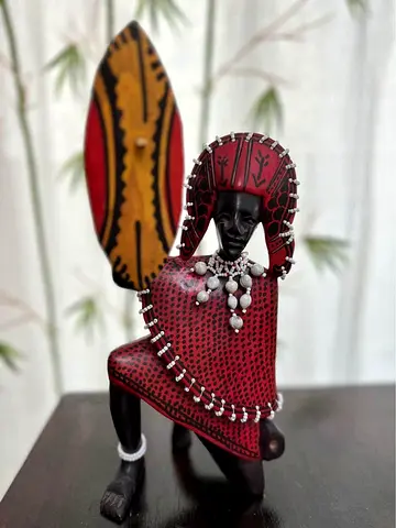 Global Village African Warrior Statue Antique Handmade Wood Home Décor