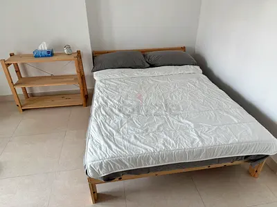 Bed Frame, Mattress, Bedding and Side Table