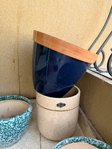 Stylish Blue and Bamboo Pot for Indoor or Outdoor Use