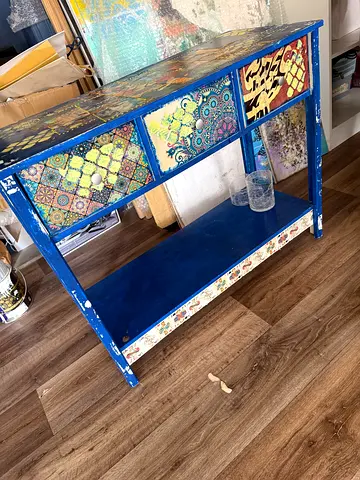 Unique Handcrafted Storage Console Table done with mixed media art