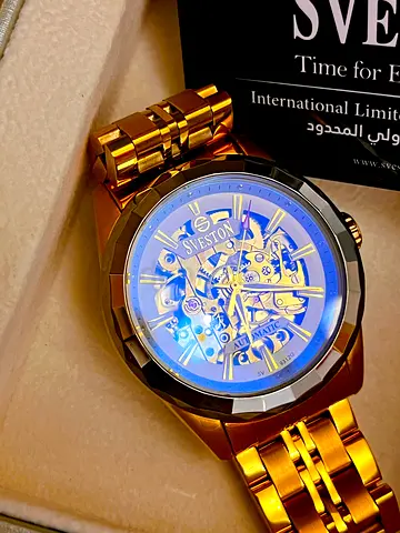 Gold Automatic Skeleton Sveston watch omega rado tag heuer iwc gucci prada tissot fossil seiko amiri